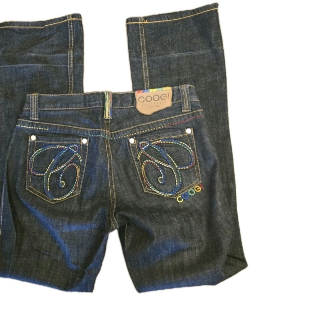 COOGI Women's Dark Indigo Boot Cut Jeans with Multicolor Embroidery Vintage